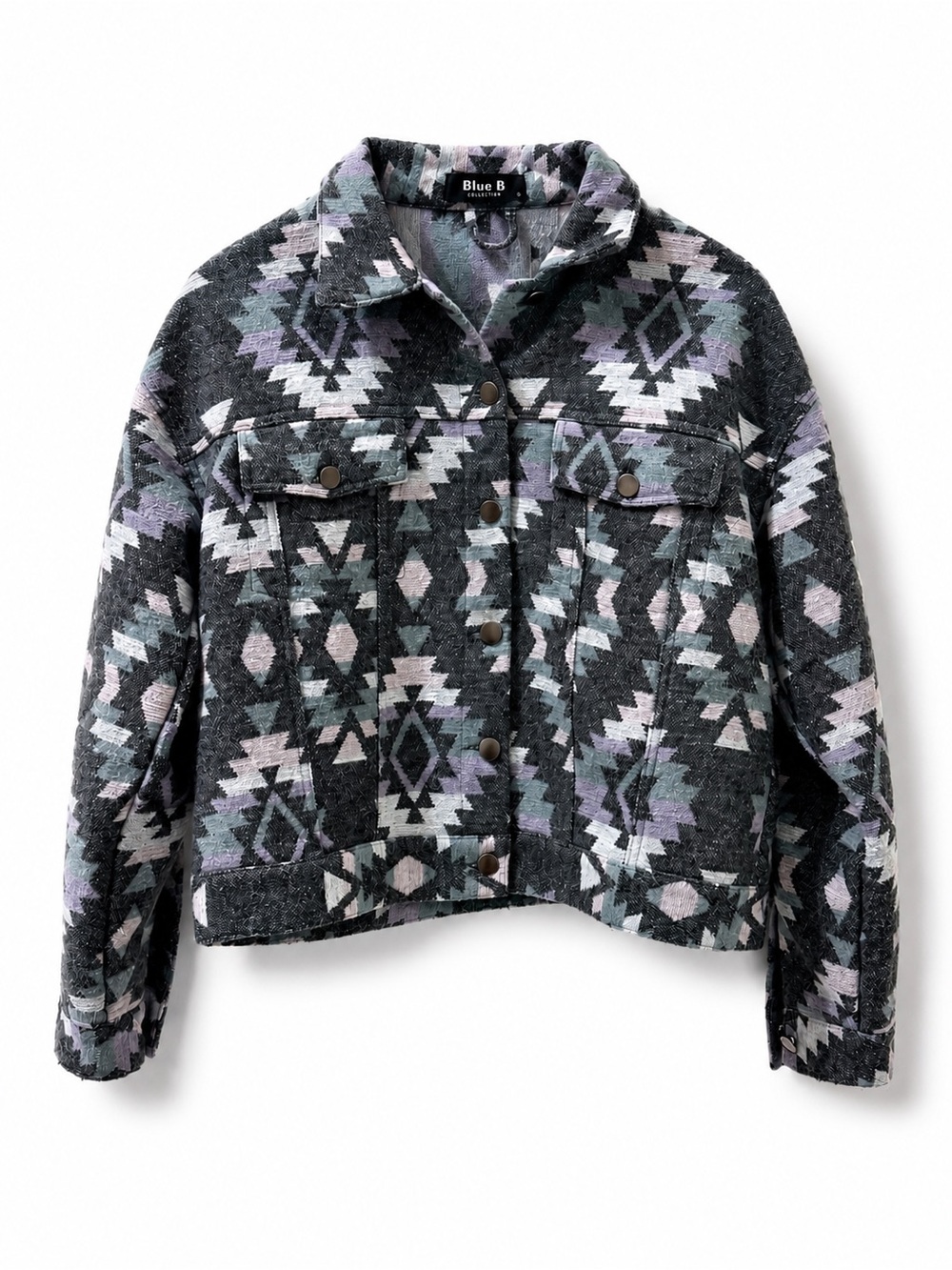 Blue B Aztec Western Shacket Jacket Gray Lavender Cropped Snap Front Small - Picture 2 of 7